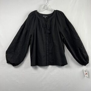 INC International Concepts Top Womens L Blouse Black Linen Blend Peasant Eyelet